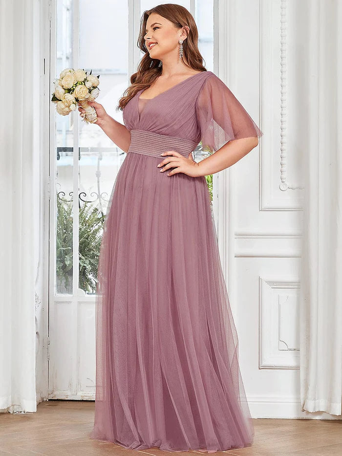 Wholesa Plus Size A-Line Short Sleeve V-Neck Tulle Bridesmaid Dress