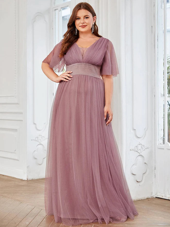 Wholesa Pleated A-Line Short Sleeve Double V-Neck Tulle Bridesmaid Dress