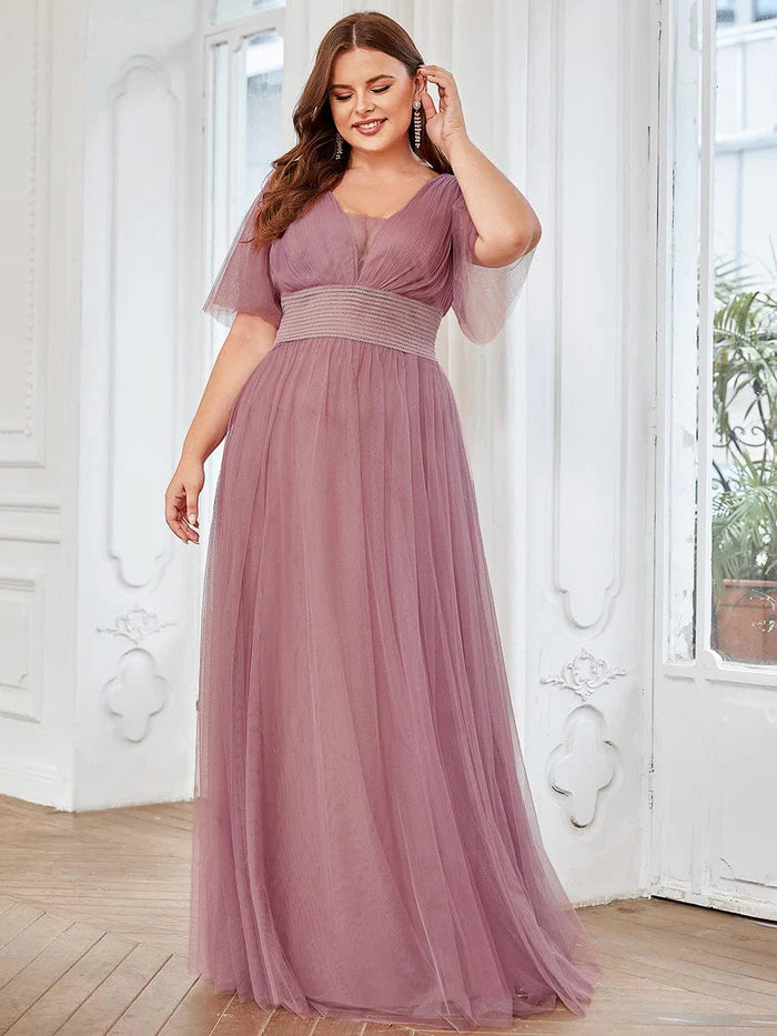 Wholesa Plus Size A-Line Short Sleeve V-Neck Tulle Bridesmaid Dress