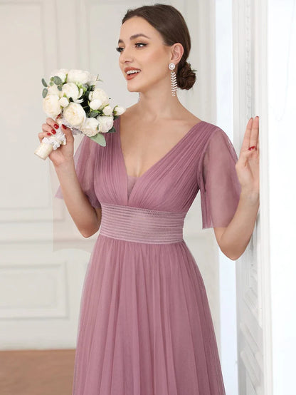 Wholesa Pleated A-Line Short Sleeve Double V-Neck Tulle Bridesmaid Dress