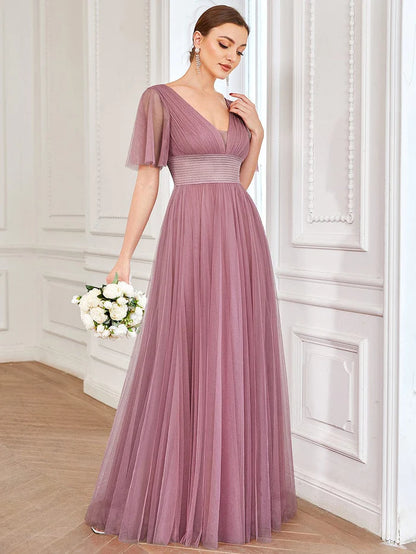 Wholesa Pleated A-Line Short Sleeve Double V-Neck Tulle Bridesmaid Dress