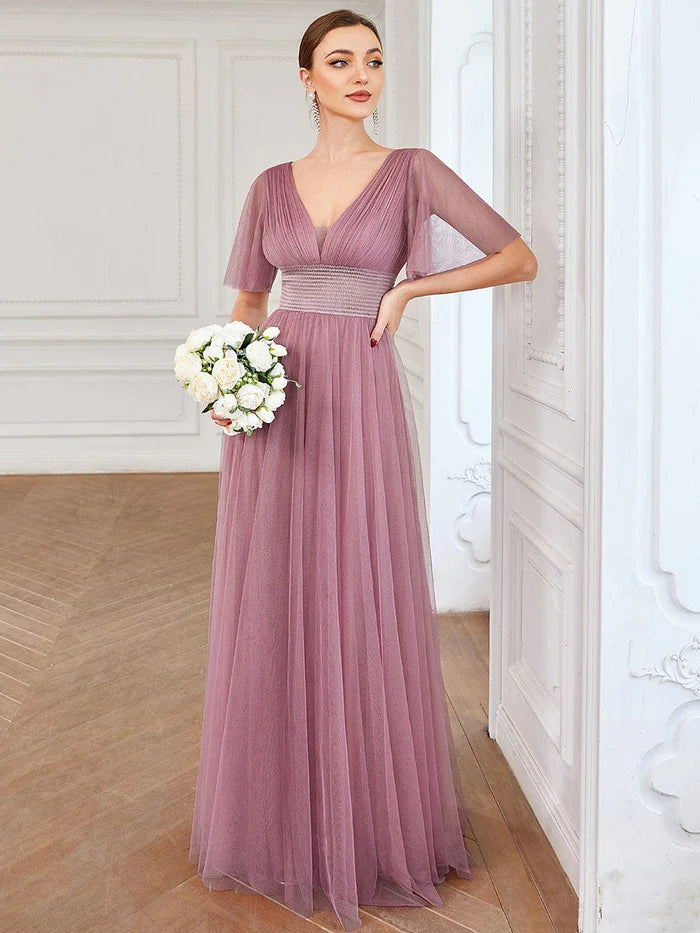 Wholesa Pleated A-Line Short Sleeve Double V-Neck Tulle Bridesmaid Dress