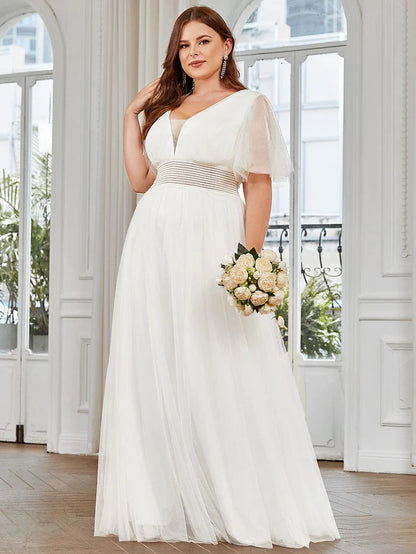 Wholesa Plus Size A-Line Short Sleeve V-Neck Tulle Bridesmaid Dress