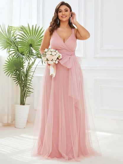 Wholesa Floor Length Double V Neck Tulle Bridesmaid Dresses