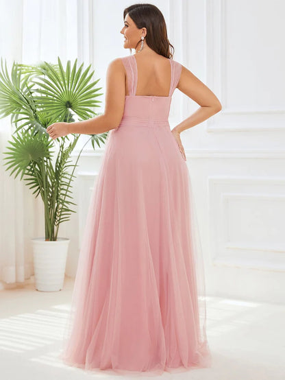 Wholesa Floor Length Double V Neck Tulle Bridesmaid Dresses