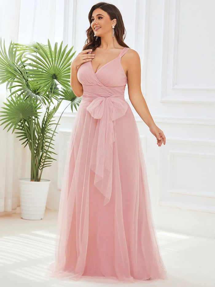 Wholesa Plus Size Maxi Long Double V Neck Tulle Bridesmaid Dresses