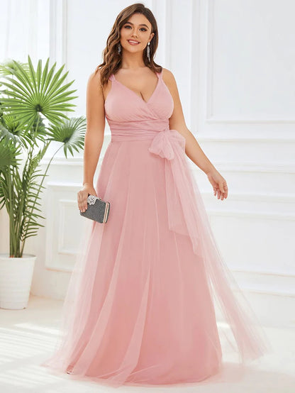 Wholesa Plus Size Maxi Long Double V Neck Tulle Bridesmaid Dresses