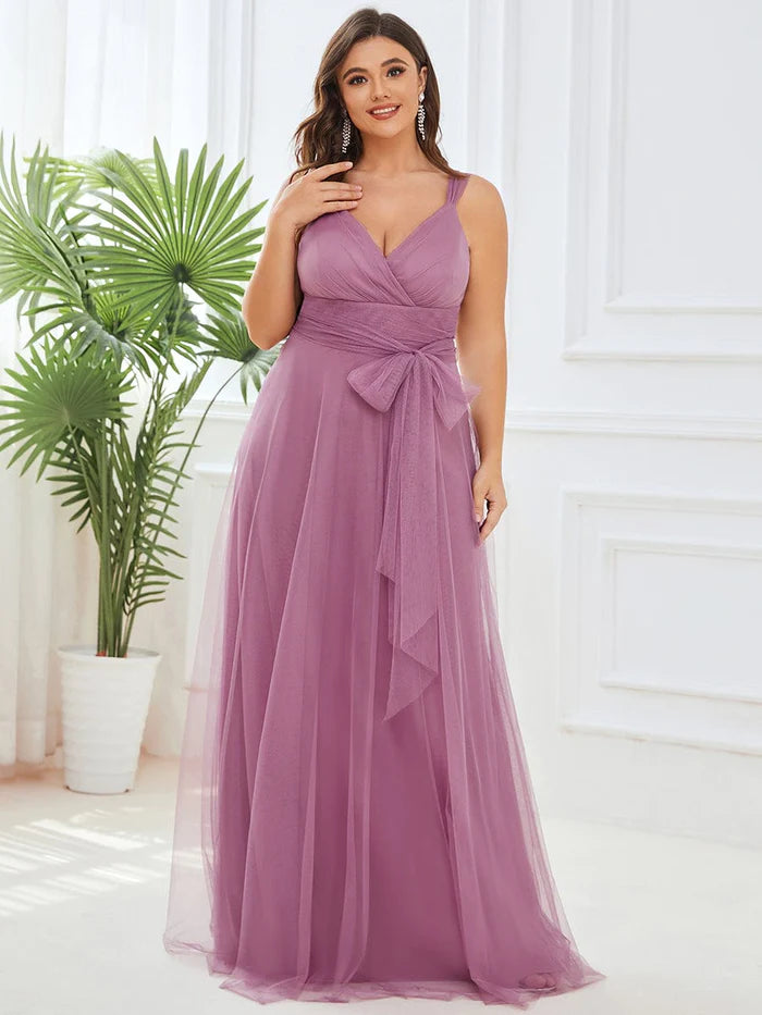 Wholesa Plus Size Maxi Long Double V Neck Tulle Bridesmaid Dresses