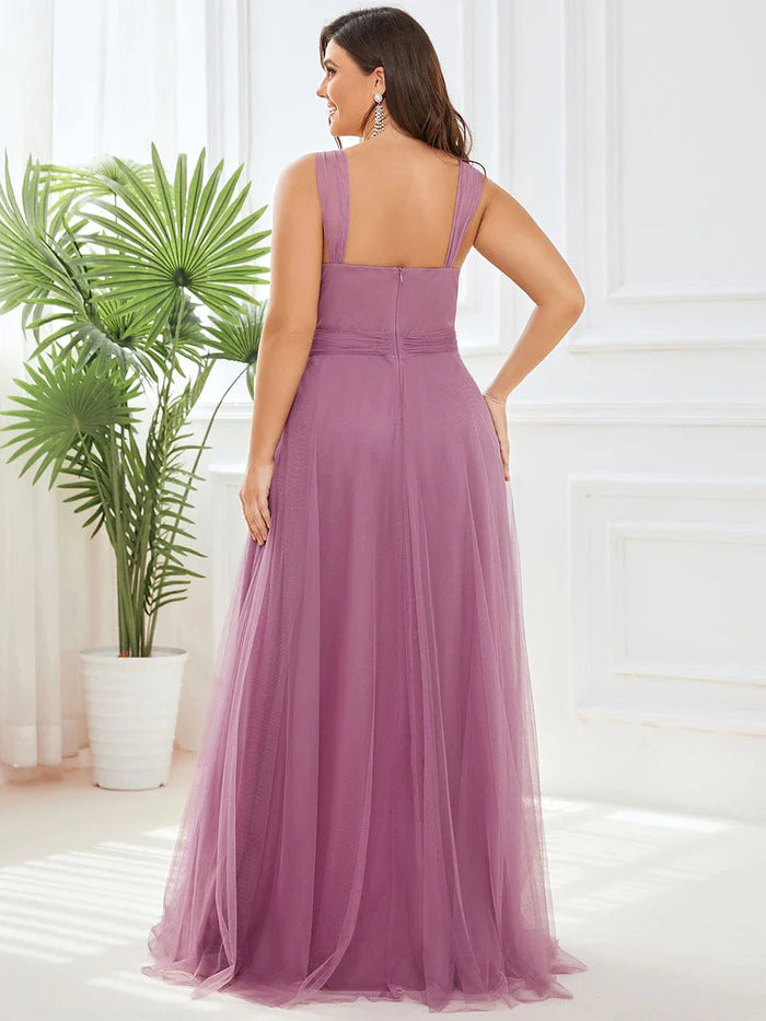 Wholesa Plus Size Maxi Long Double V Neck Tulle Bridesmaid Dresses