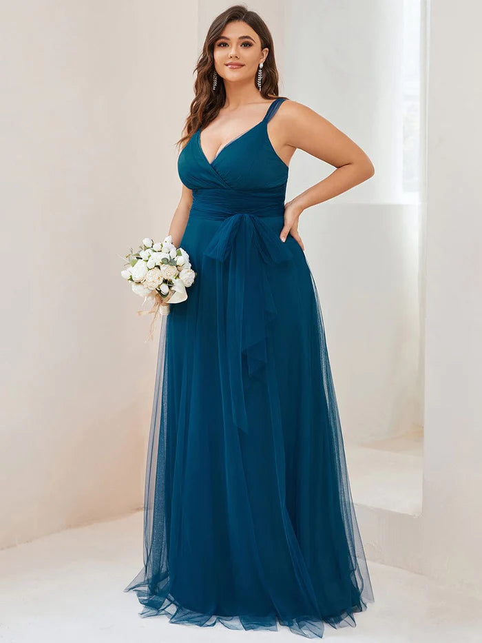 Wholesa Plus Size Maxi Long Double V Neck Tulle Bridesmaid Dresses