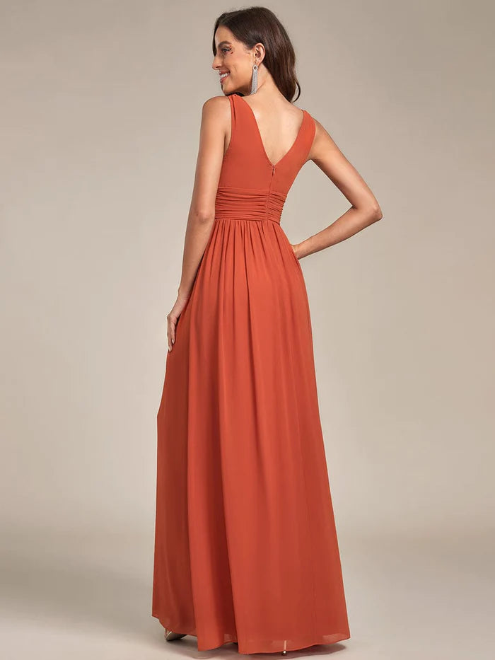 Wholesa Sleeveless V-Neck Plain Chiffon Maxi Bridesmaid Dress