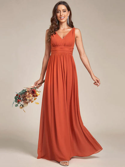 Wholesa Sleeveless V-Neck Plain Chiffon Maxi Bridesmaid Dress