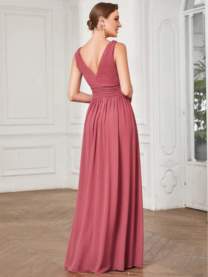 Wholesa Elegant Sleeveless V-Neck Maxi Chiffon Bridesmaid Dress