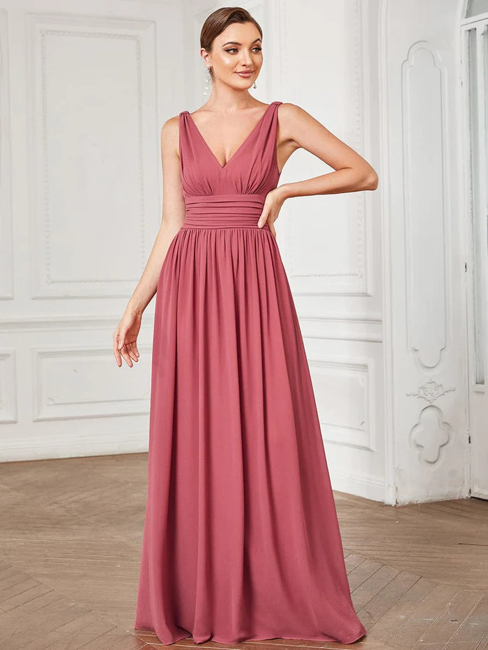 Wholesa Elegant Sleeveless V-Neck Maxi Chiffon Bridesmaid Dress