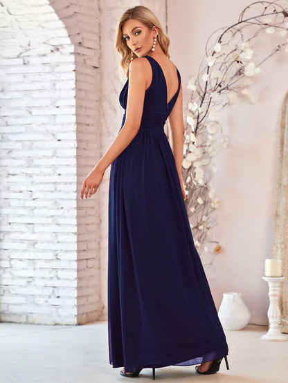 Wholesa V Neck Sleeveless Pleated Chiffon Evening Dress