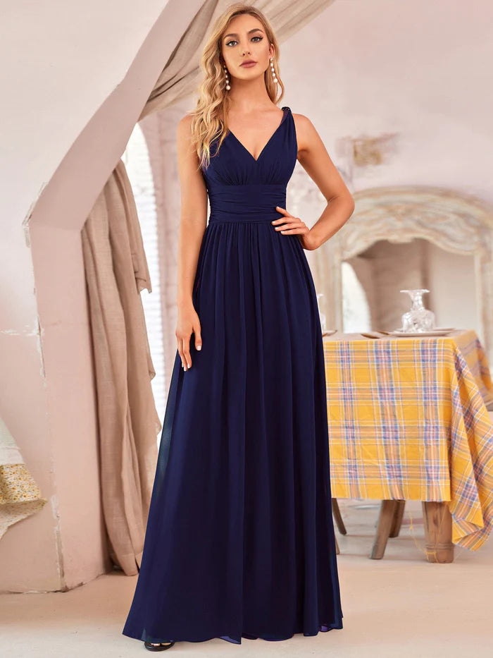 Wholesa V Neck Sleeveless Pleated Chiffon Evening Dress