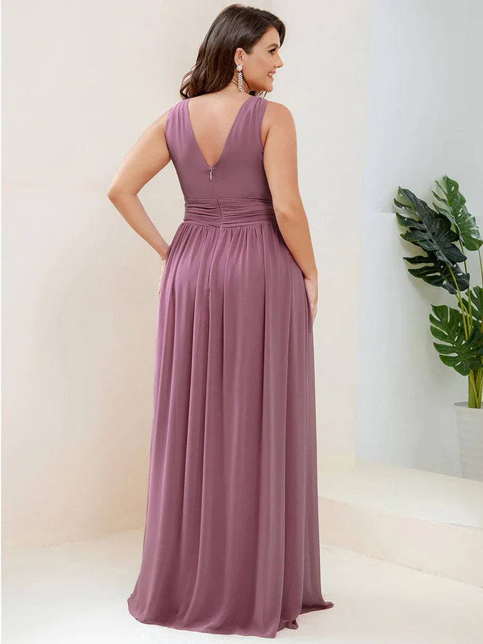 Wholesa Sleeveless V-Neck Plain Chiffon Maxi Bridesmaid Dress