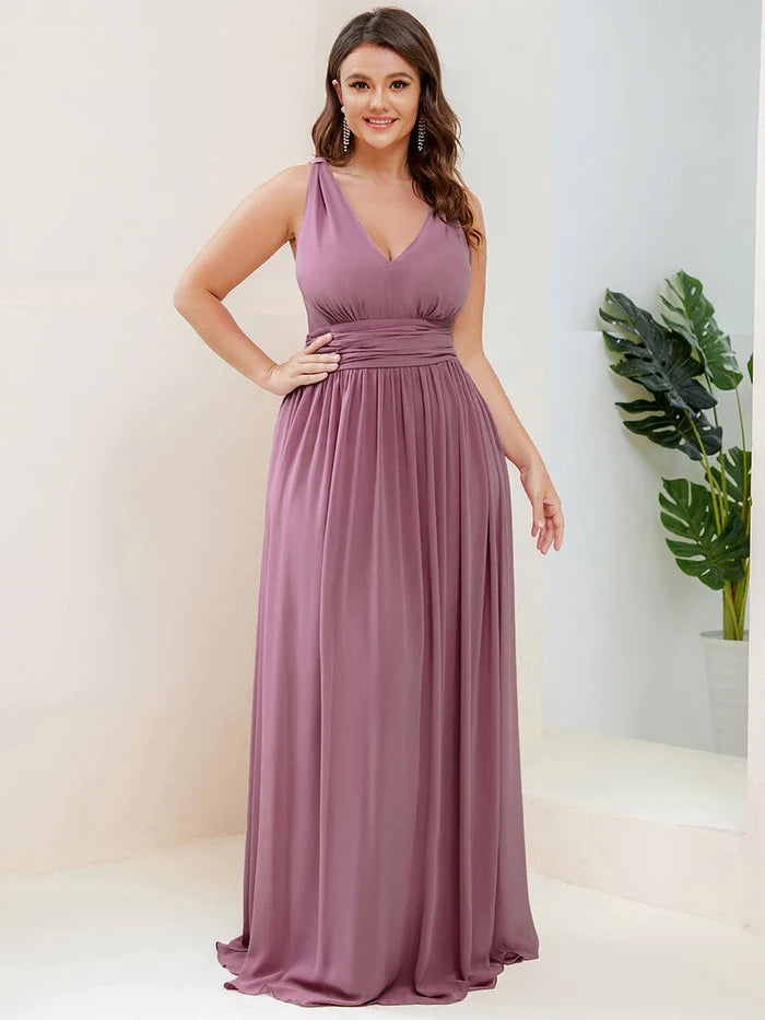 Wholesa Sleeveless V-Neck Plain Chiffon Maxi Bridesmaid Dress