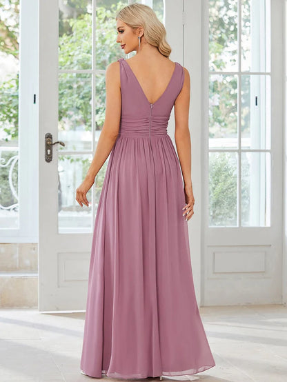 Wholesa Sleeveless V-Neck Plain Chiffon Maxi Bridesmaid Dress