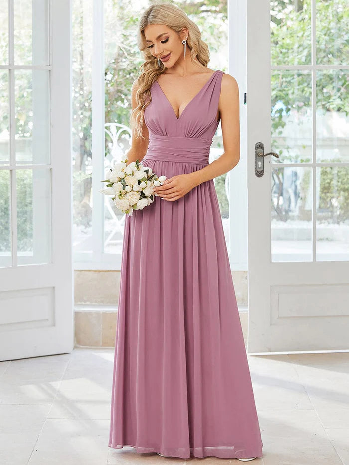 Wholesa Elegant Sleeveless V-Neck Maxi Chiffon Bridesmaid Dress