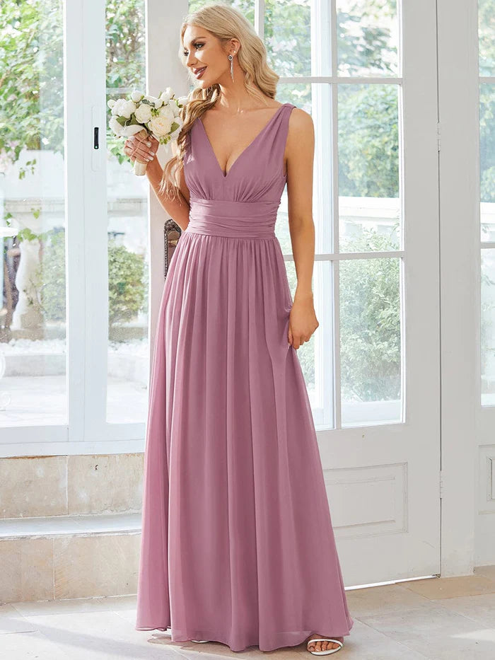 Wholesa Sleeveless V-Neck Plain Chiffon Maxi Bridesmaid Dress