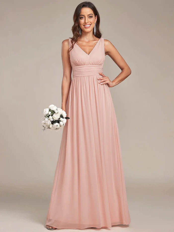 Wholesa Elegant Sleeveless V-Neck Maxi Chiffon Bridesmaid Dress