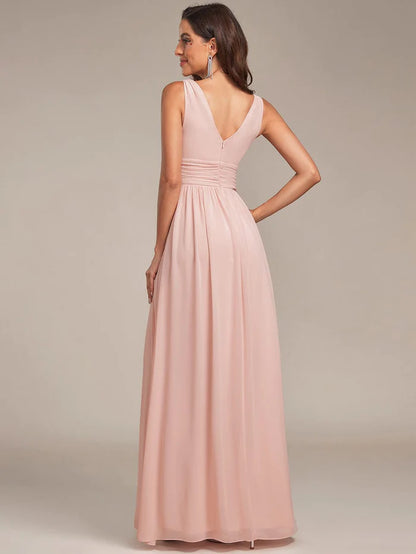 Wholesa Sleeveless V-Neck Plain Chiffon Maxi Bridesmaid Dress