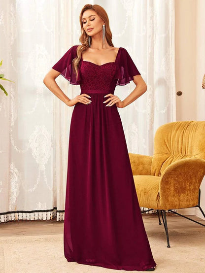 Wholesa Elegant Sweetheart Flutter Sleeve Lace Split Bridesmaid Dress