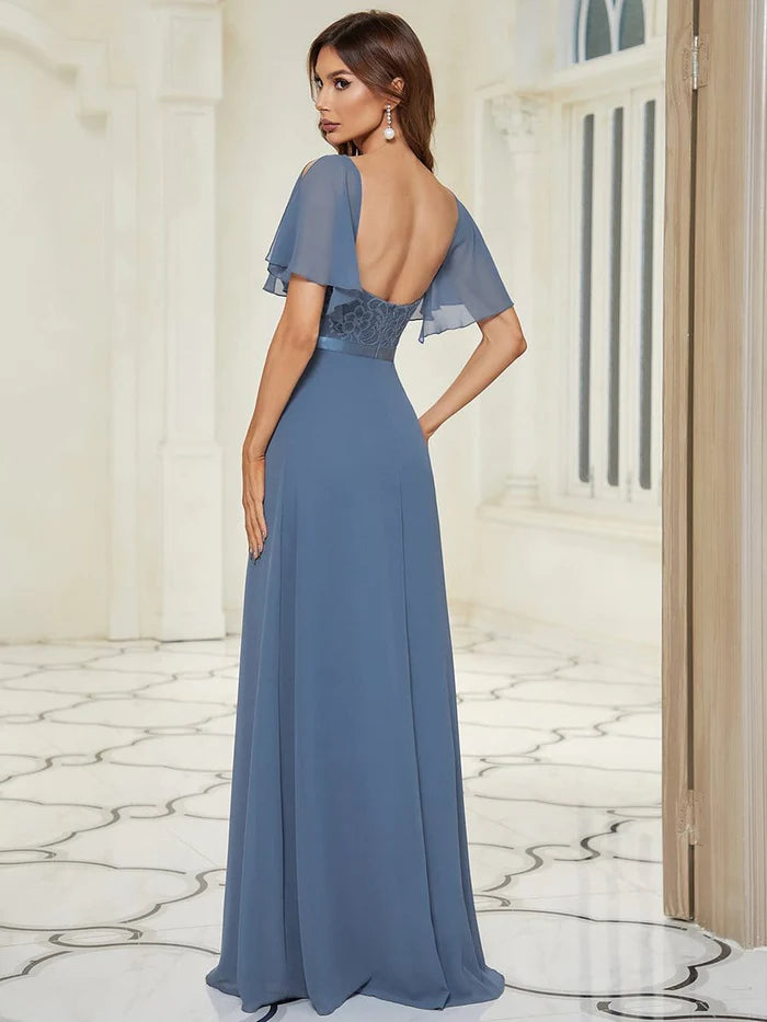 Wholesa Elegant Sweetheart Flutter Sleeve Lace Split Bridesmaid Dress