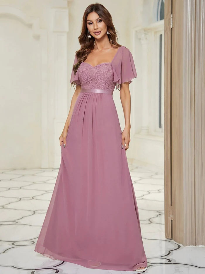 Wholesa Elegant Sweetheart Flutter Sleeve Lace Split Bridesmaid Dress