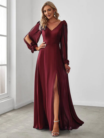 Wholesa Gentle Split Sleeve Low Back Thigh Slit Bridesmaid Dress