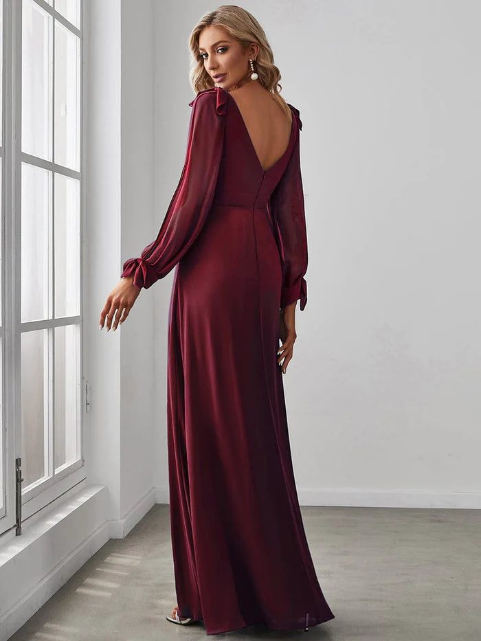 Wholesa Gentle Split Low Back Thigh Slit Long Sleeve Wedding Guest Dress