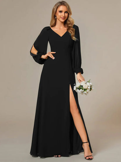 Wholesa Gentle Split Sleeve Low Back Thigh Slit Bridesmaid Dress