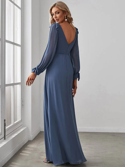 Wholesa Gentle Split Low Back Thigh Slit Long Sleeve Wedding Guest Dress