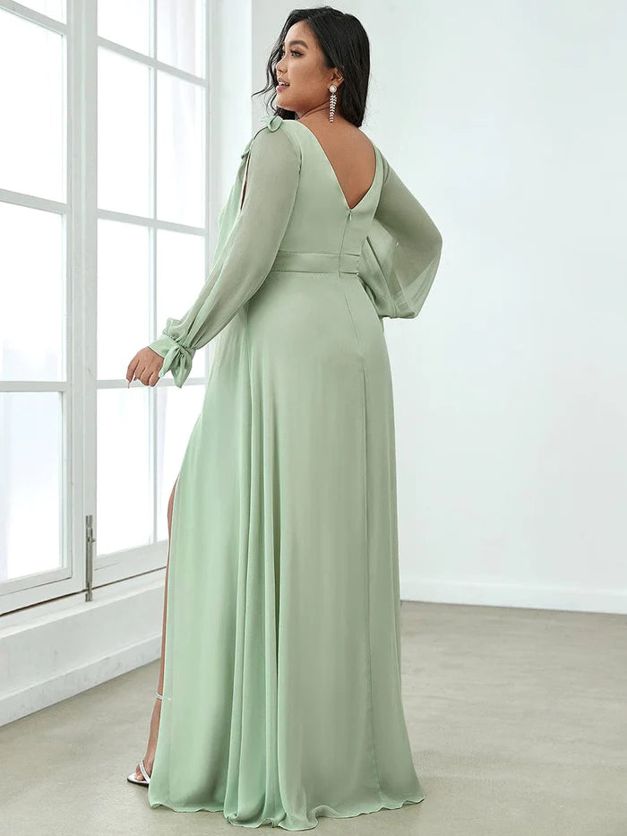 Wholesa Gentle Split Low Back Thigh Slit Long Sleeve Wedding Guest Dress