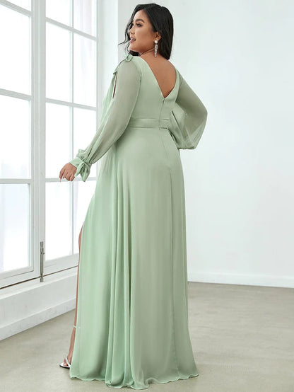 Wholesa Gentle Split Low Back Thigh Slit Long Sleeve Wedding Guest Dress