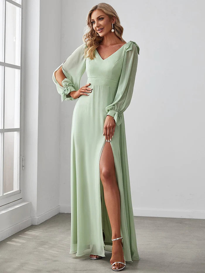 Wholesa Gentle Split Low Back Thigh Slit Long Sleeve Wedding Guest Dress