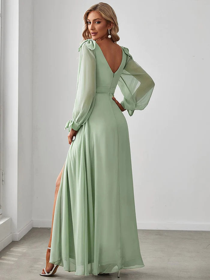 Wholesa Gentle Split Low Back Thigh Slit Long Sleeve Wedding Guest Dress