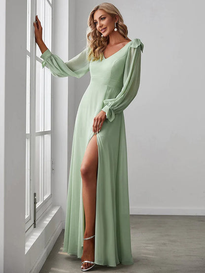 Wholesa Gentle Split Low Back Thigh Slit Long Sleeve Wedding Guest Dress