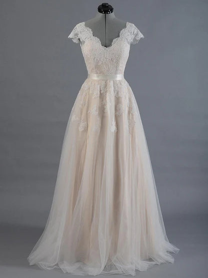 Wholesale Cap Sleeve V-Neck Lace Tulle Wedding Dress With Zipper Back