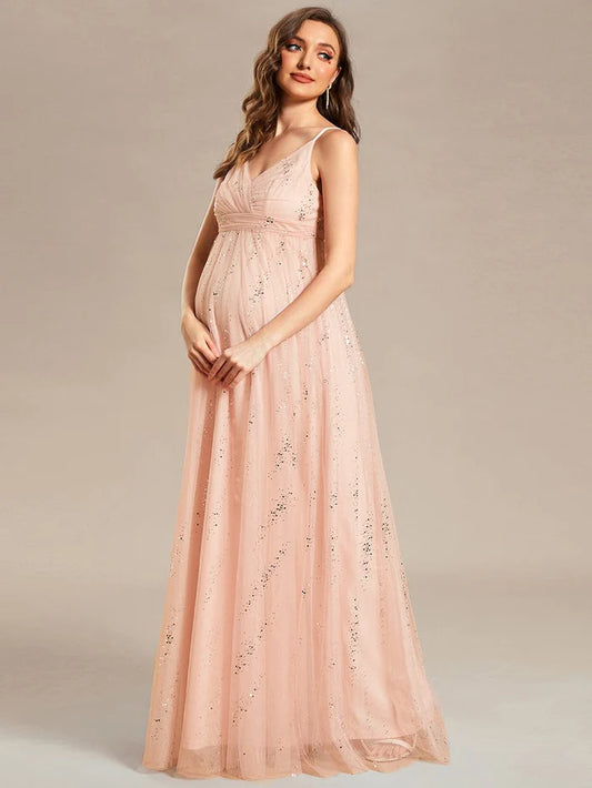 Wholesa Spaghetti Strap Scattered Sequins V-neck Floor Length Maternity Dress