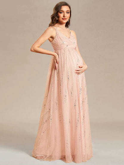 Wholesa Spaghetti Strap Scattered Sequins V-neck Floor Length Maternity Dress