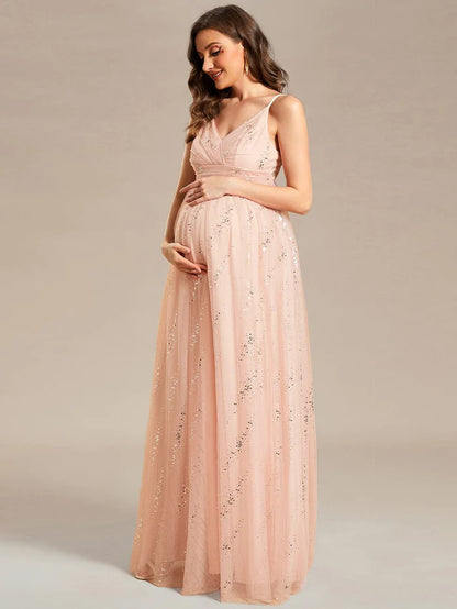 Wholesa Spaghetti Strap Scattered Sequins V-neck Floor Length Maternity Dress