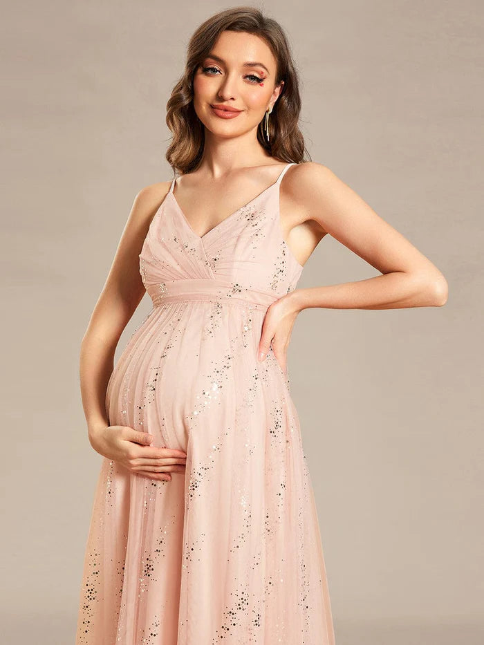 Wholesa Spaghetti Strap Scattered Sequins V-neck Floor Length Maternity Dress