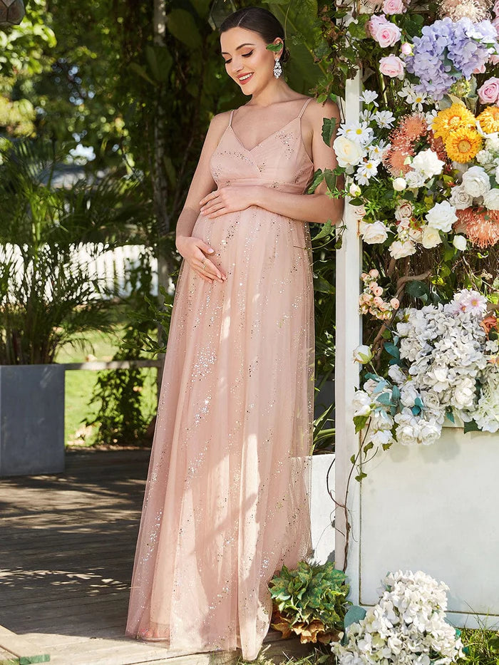 Wholesa Spaghetti Strap Scattered Sequins V-neck Floor Length Maternity Dress