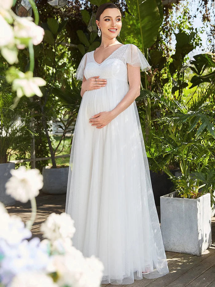 Wholesa Sheer Flutter Sleeve V-neck Maxi Maternity Dress