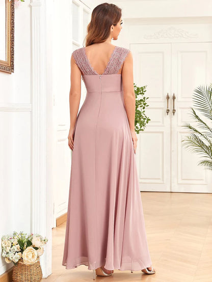 Wholesa Chiffon Floor-Length Sleeveless Lace Ruched Sweetheart Maternity Dress