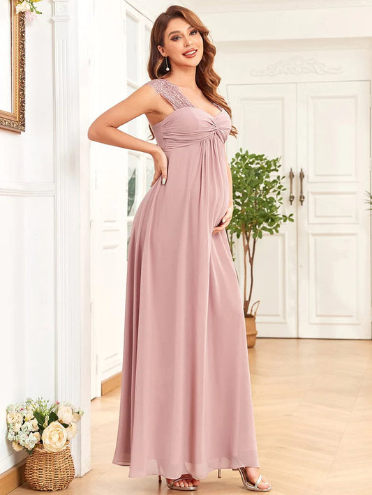 Wholesa Chiffon Floor-Length Sleeveless Lace Ruched Sweetheart Maternity Dress