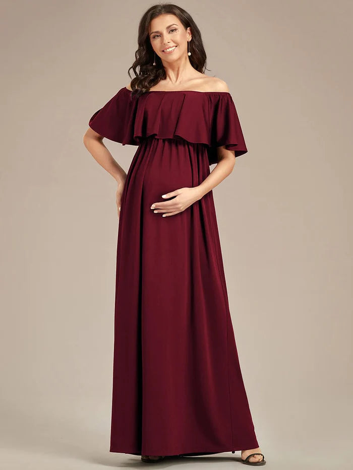 Wholesa Flattering A-Line Maternity Dress with Off-Shoulder Ruffle