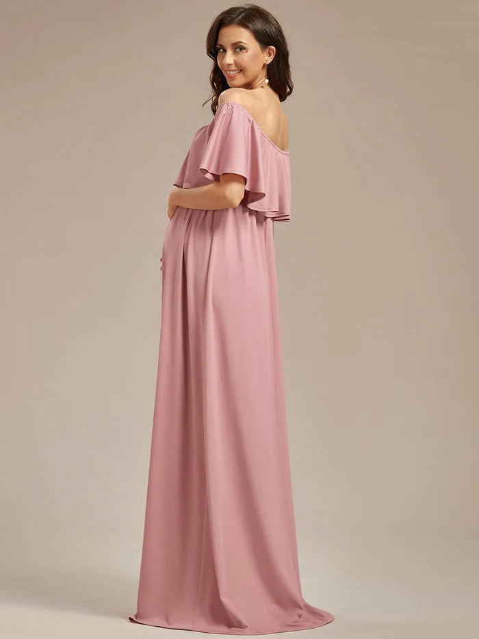 Wholesa Flattering A-Line Maternity Dress with Off-Shoulder Ruffle